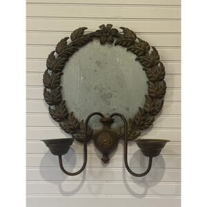 Metal Leaf Wreath Mirror Double Candle Sconce 1970s